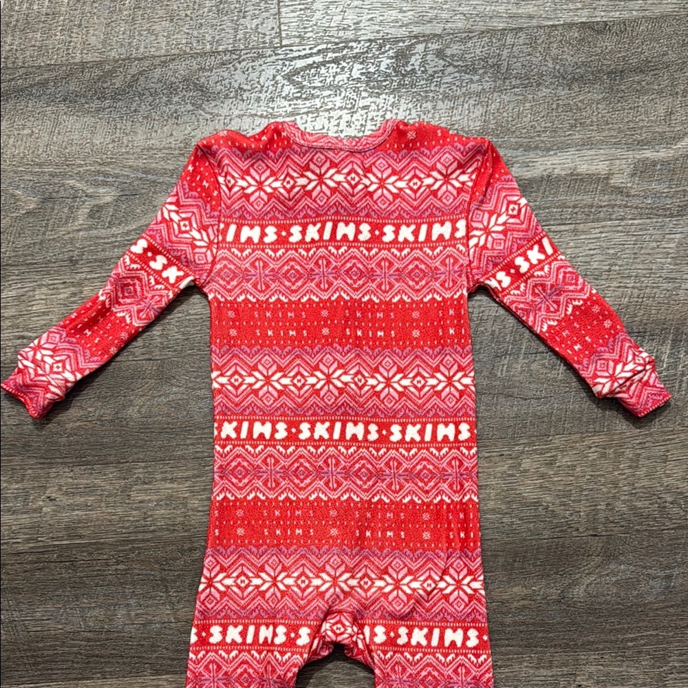 SKIMS Logo Plush Pointelle Footless Romper in Red Fair Isle Print - Picture 9 of 12